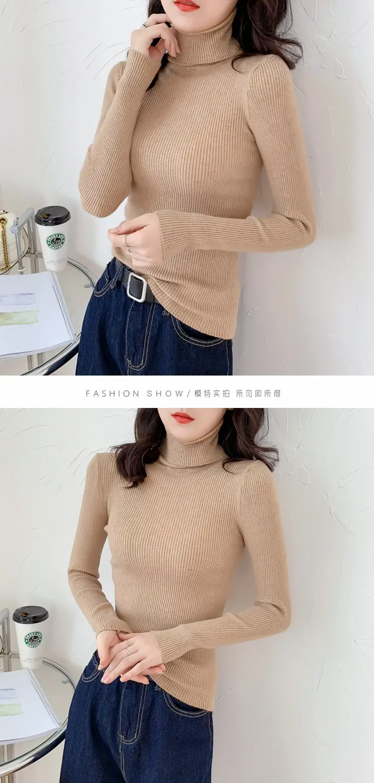 Women Green Knitted Turtleneck Sweater All Season — feature 8
