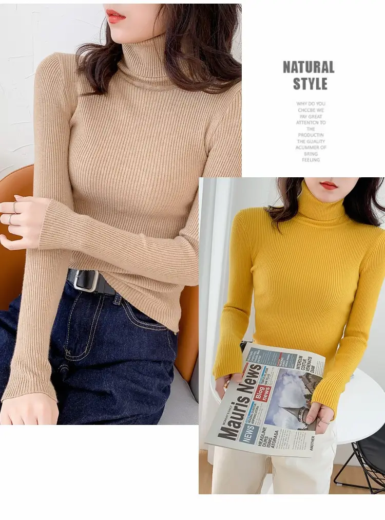 Women Green Knitted Turtleneck Sweater All Season — feature 9