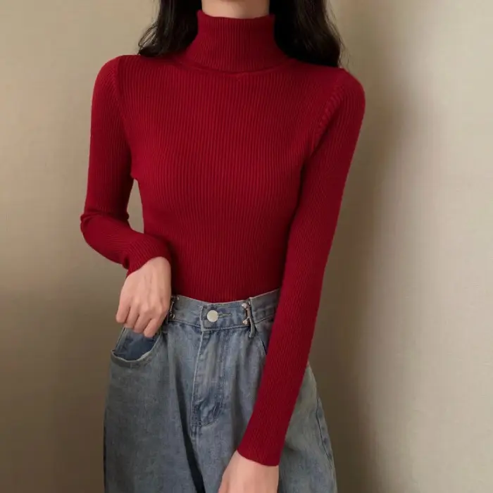 Women Green Knitted Turtleneck Sweater All Season
