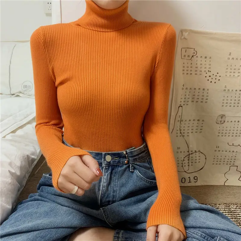 Women Green Knitted Turtleneck Sweater All Season