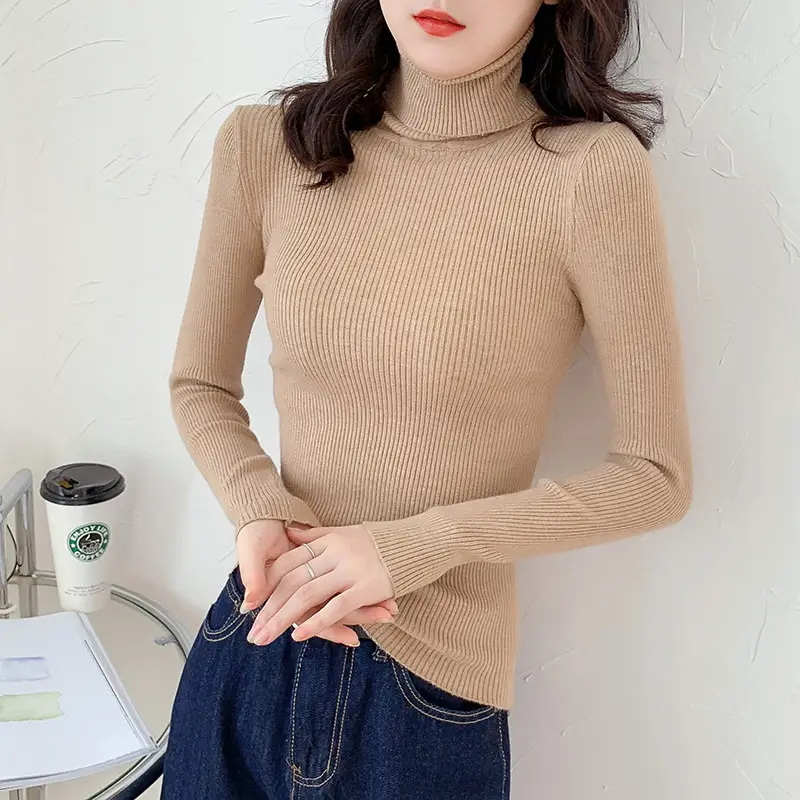 Women Green Knitted Turtleneck Sweater All Season