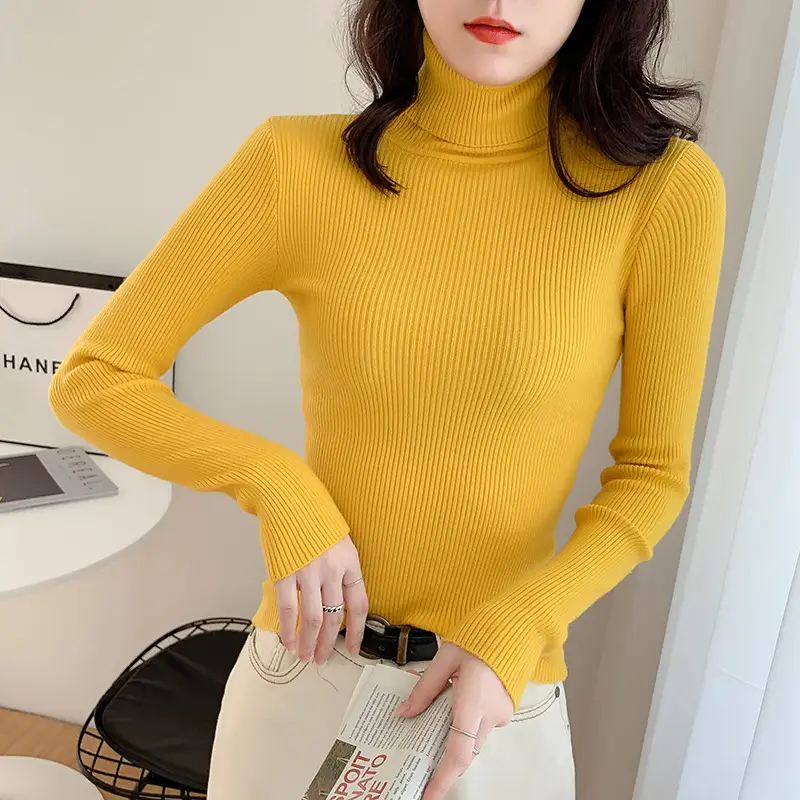 Women Green Knitted Turtleneck Sweater All Season