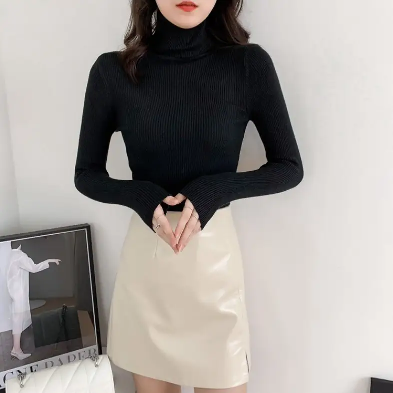 Women Green Knitted Turtleneck Sweater All Season