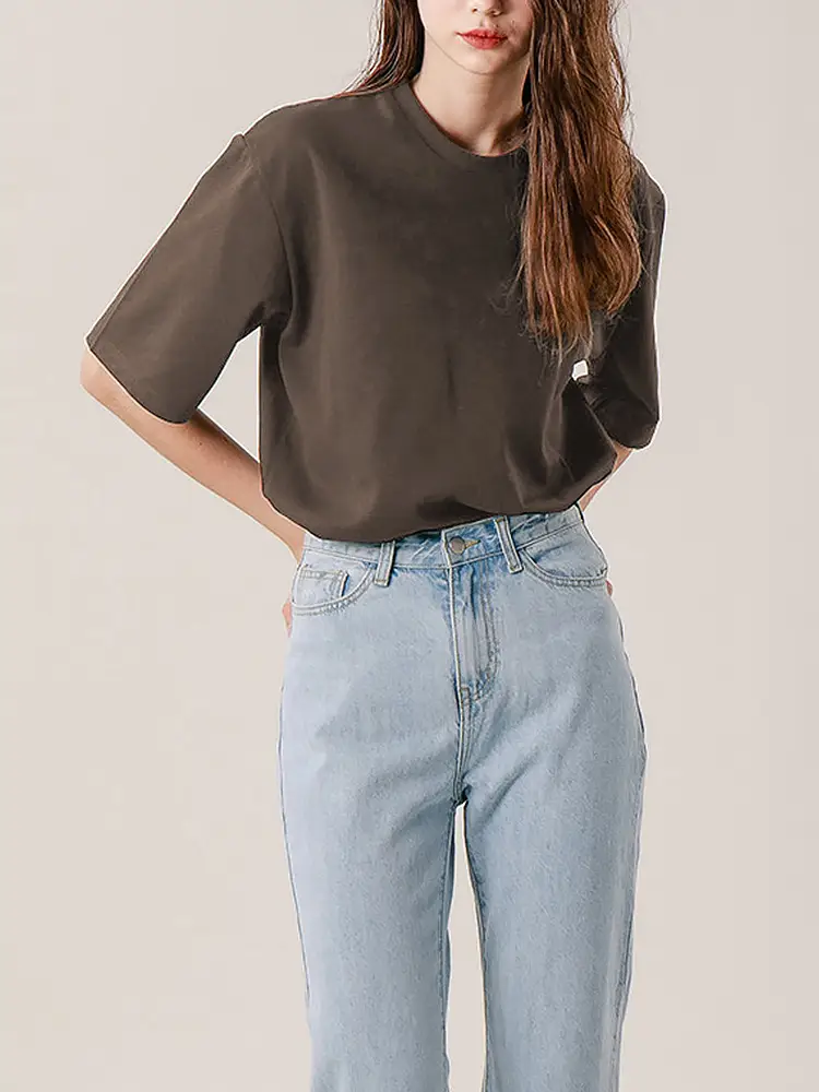 2025 Summer Loose T-Shirt Brown Brushed Cotton Couple - Image 7