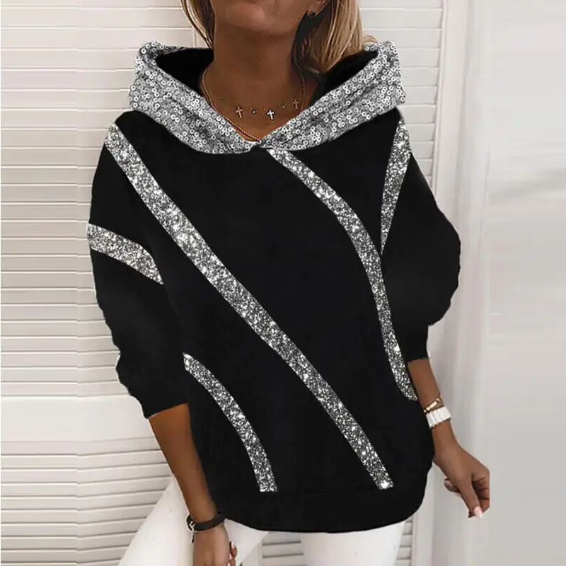 Black Sequin Hooded Sweatshirt Women Winter - Image 5