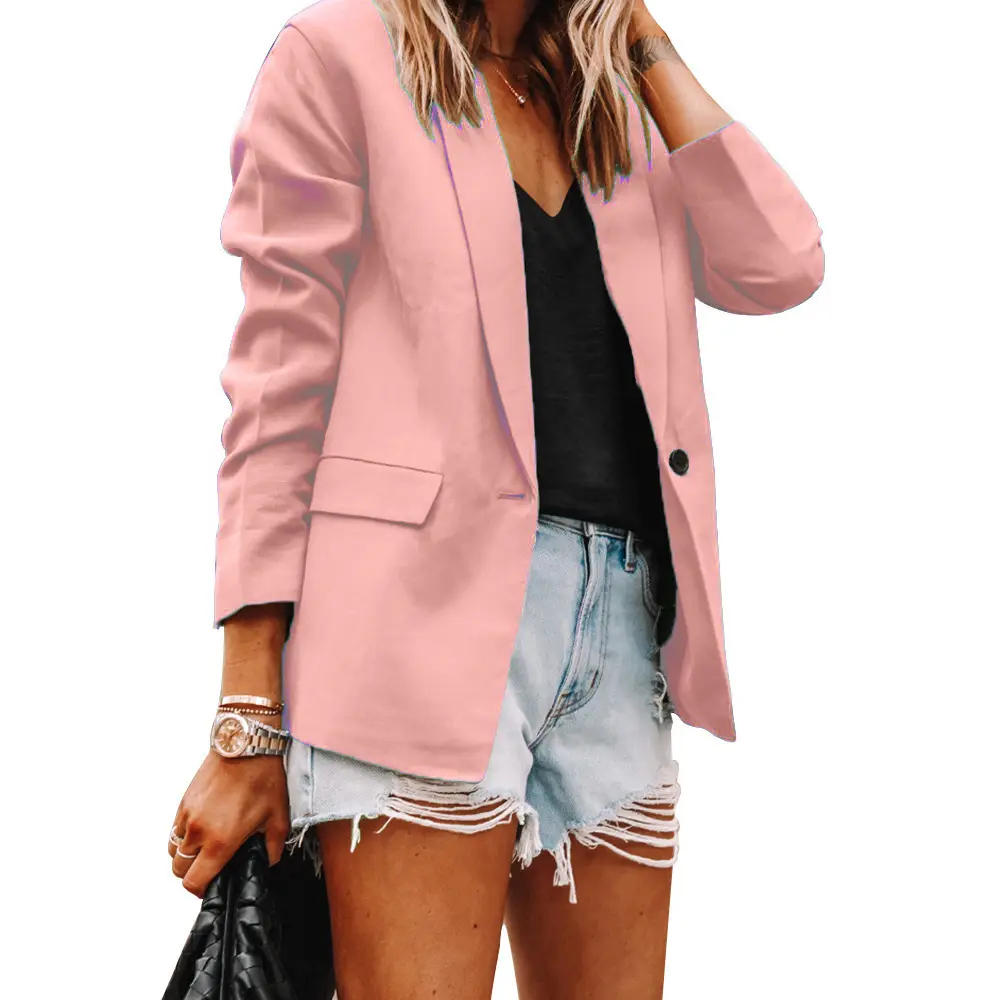 Women Pink Lapel Slim Fit Cardigan Suit Jacket Set