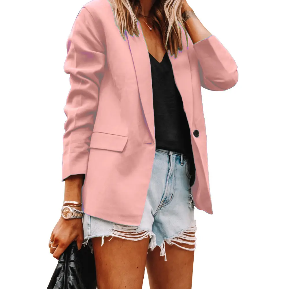 Women Pink Lapel Slim Fit Cardigan Suit Jacket Set