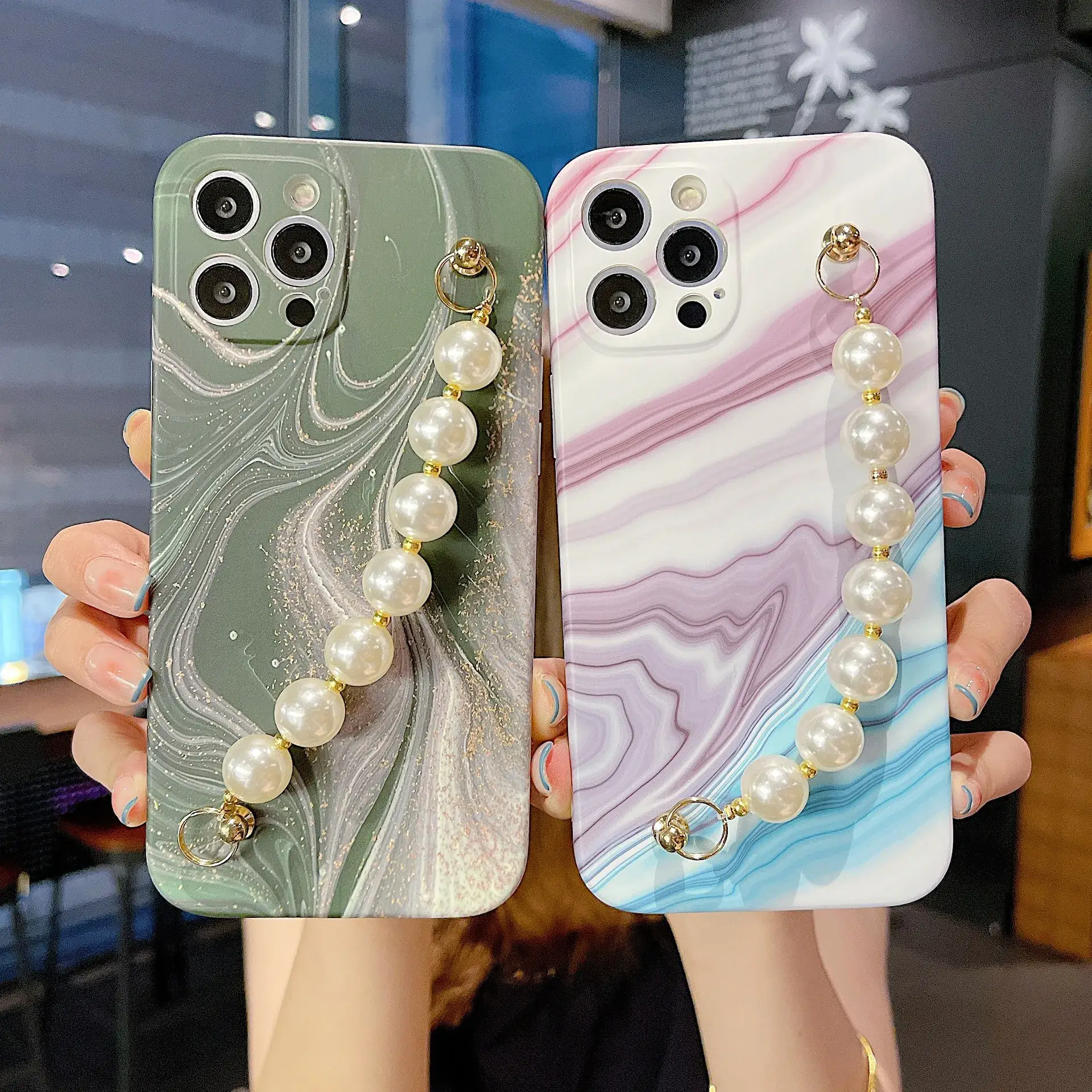 Colorful Marble Pearl Chain iPhone17 Promax Case - Image 11