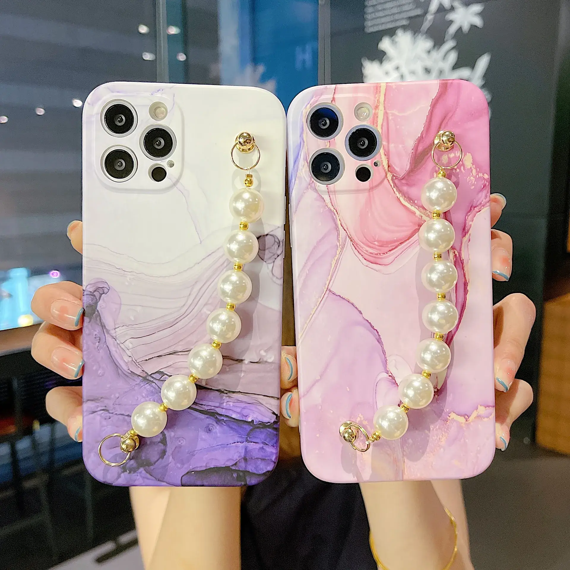 Colorful Marble Pearl Chain iPhone17 Promax Case - Image 12