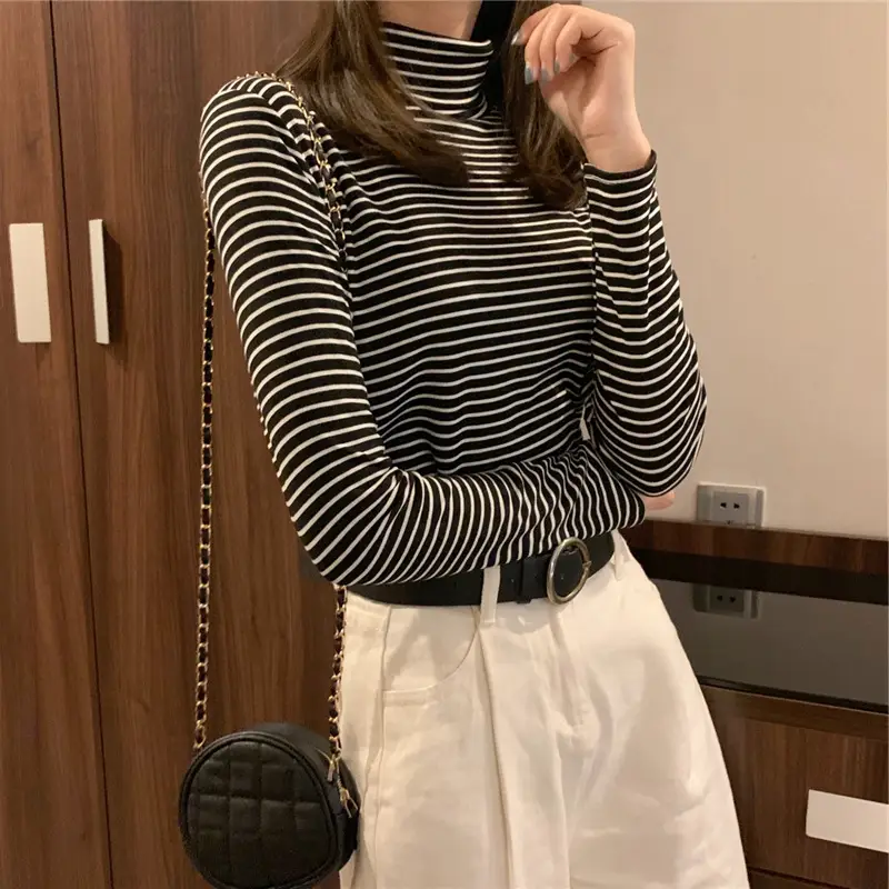 Women Black White Striped Turtleneck Shirt - Image 4