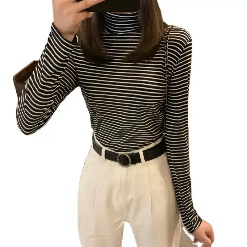 Women Black White Striped Turtleneck Shirt - Image 3