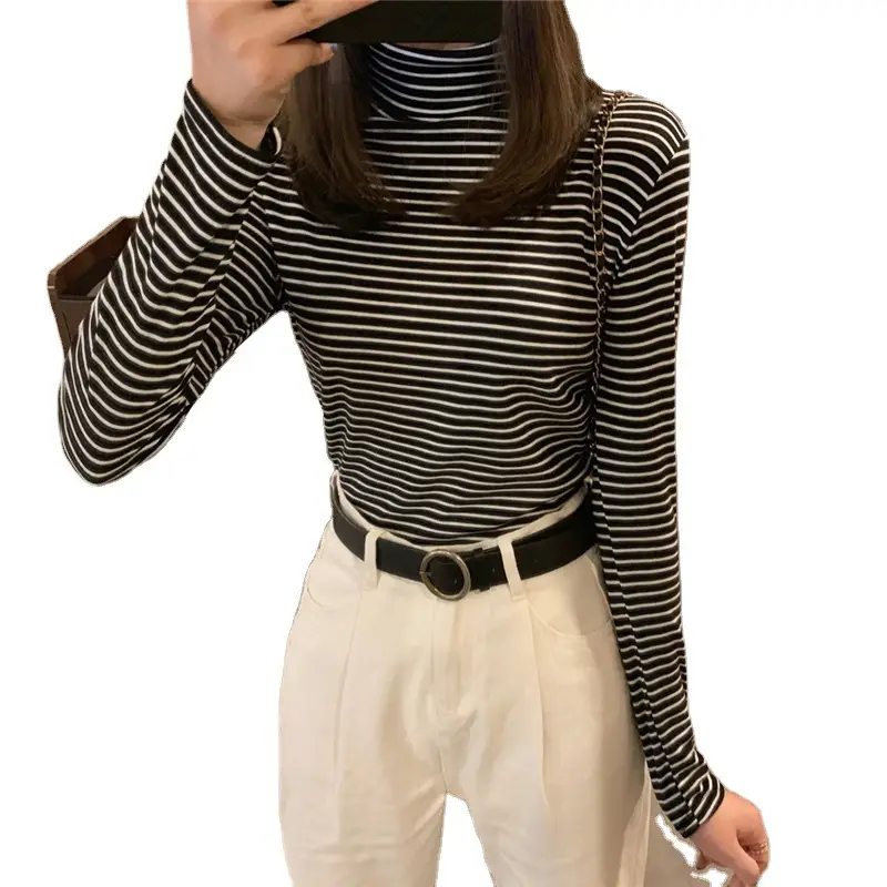 Women Black White Striped Turtleneck Shirt - Image 6