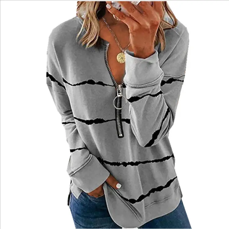 2024 Maroon Zipper V-Neck Long Sleeve Plus Size T-Shirt - Image 11