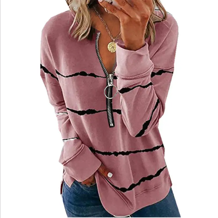2024 Maroon Zipper V-Neck Long Sleeve Plus Size T-Shirt - Image 3