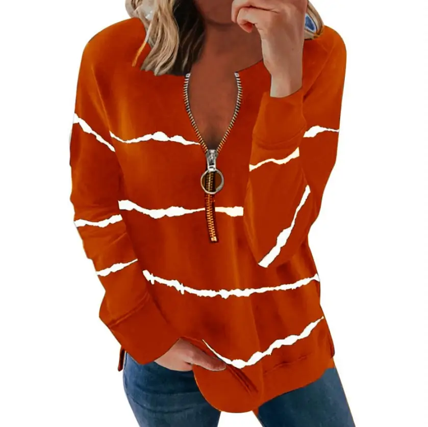 2024 Maroon Zipper V-Neck Long Sleeve Plus Size T-Shirt - Image 6