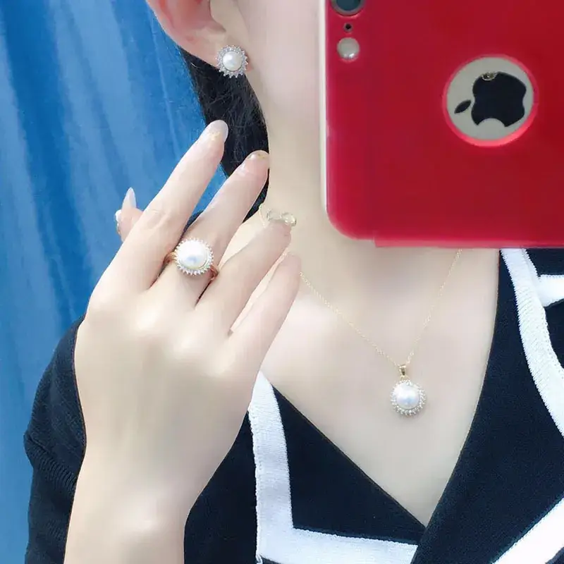 Freshwater Pearl Set 7-10mm White Pendant Earrings Ring Four-Piece Set - Image 6