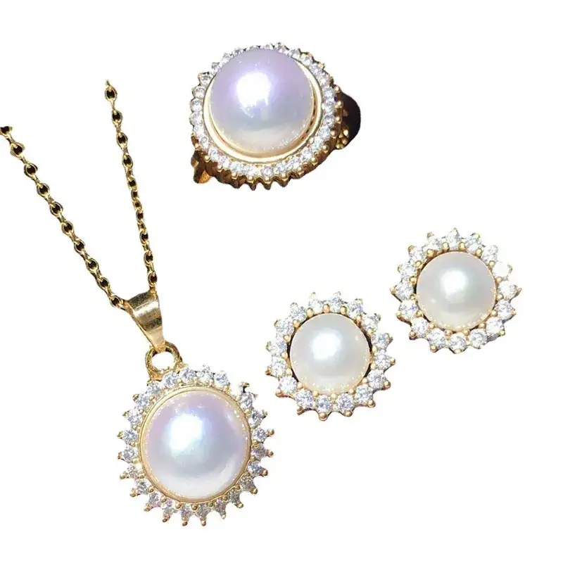 Freshwater Pearl Set 7-10mm White Pendant Earrings Ring Four-Piece Set - Image 7