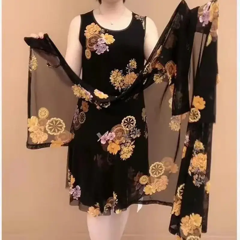 Black Floral 2-Piece Dress for Women 40-50 Yrs