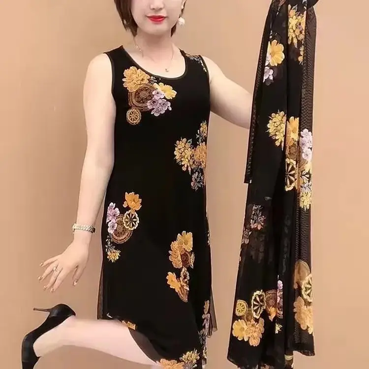 Black Floral 2-Piece Dress for Women 40-50 Yrs