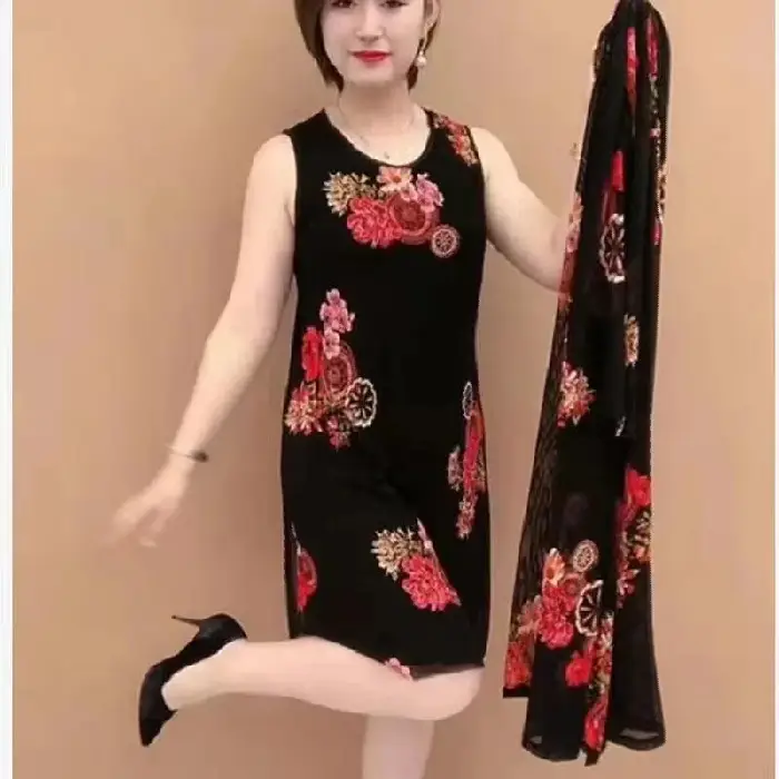 Black Floral 2-Piece Dress for Women 40-50 Yrs
