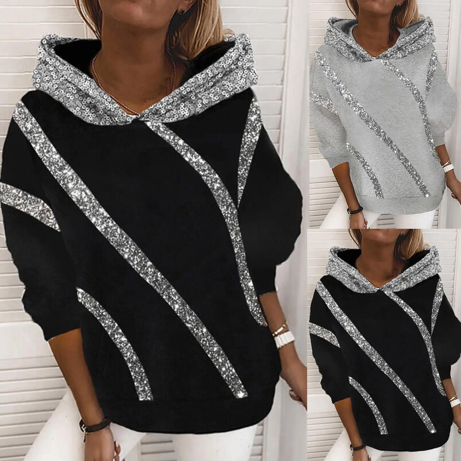Black Sequin Hooded Sweatshirt Women Fall Winter — feature 2
