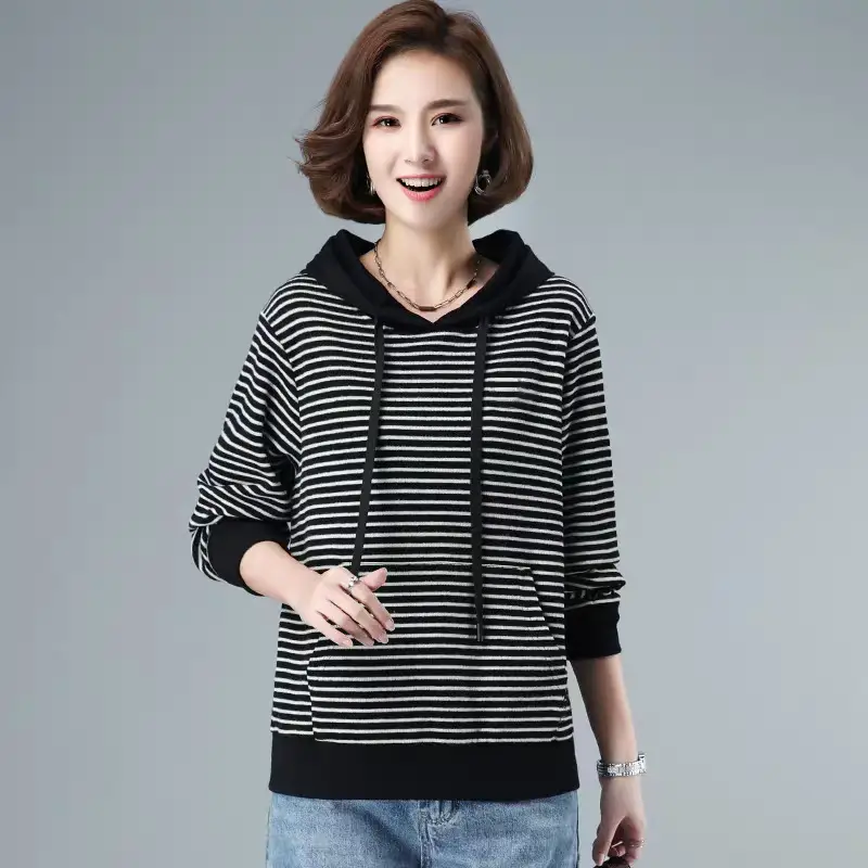Women Fleece Lined Hooded Sweatshirt Black Striped 100kg - Image 3