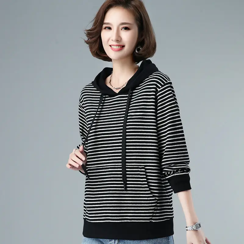 Women Fleece Lined Hooded Sweatshirt Black Striped 100kg - Image 4