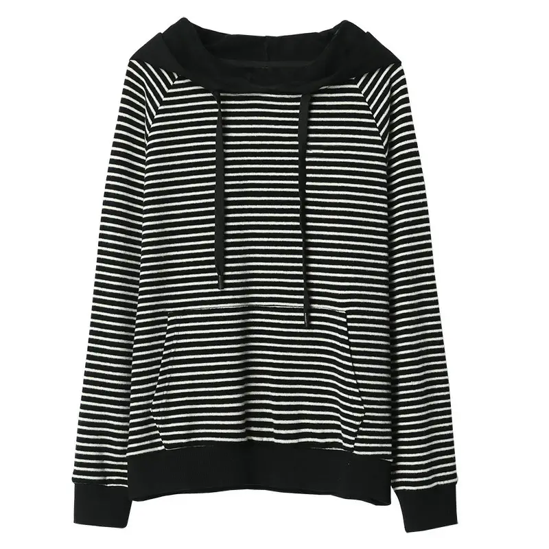Women Fleece Lined Hooded Sweatshirt Black Striped 100kg - Image 6