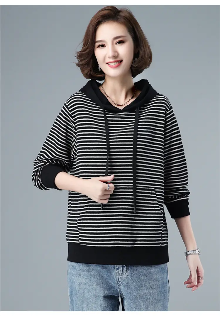 Women Fleece Lined Hooded Sweatshirt Black Striped 100kg — feature 10