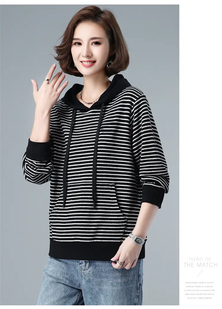 Women Fleece Lined Hooded Sweatshirt Black Striped 100kg — feature 11