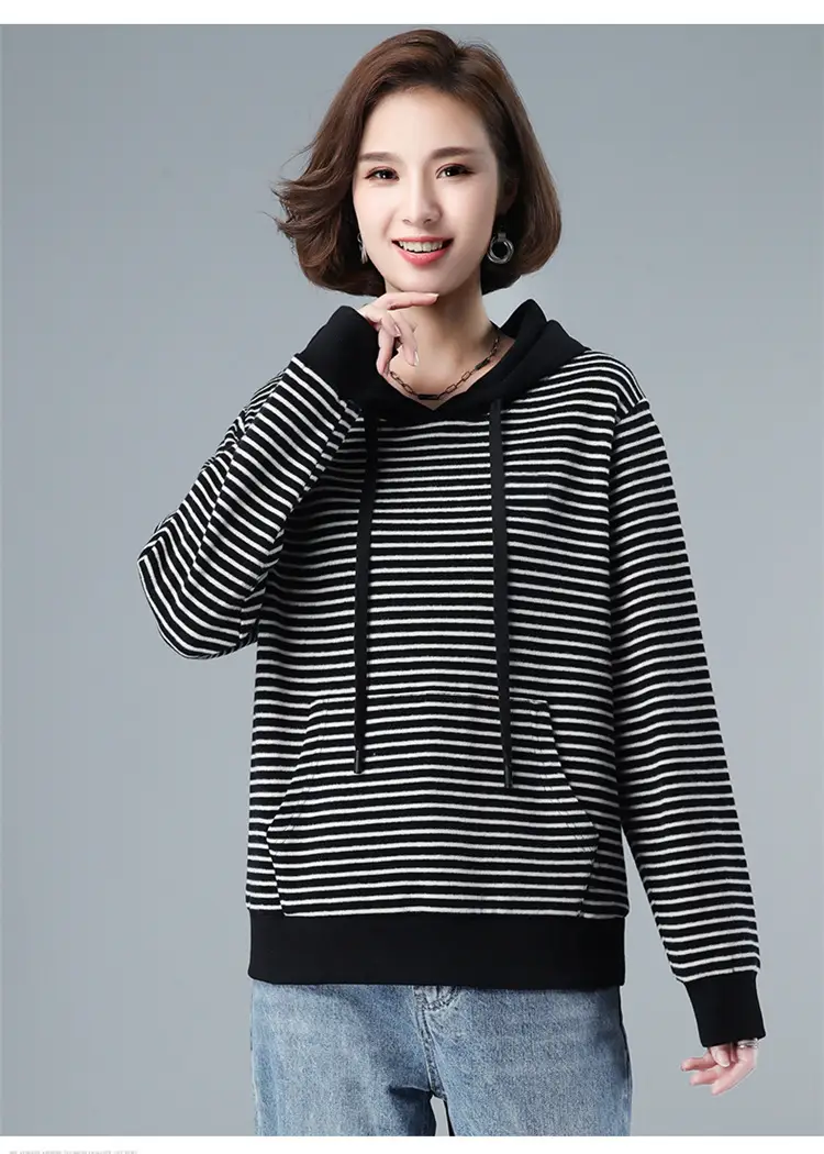 Women Fleece Lined Hooded Sweatshirt Black Striped 100kg — feature 12