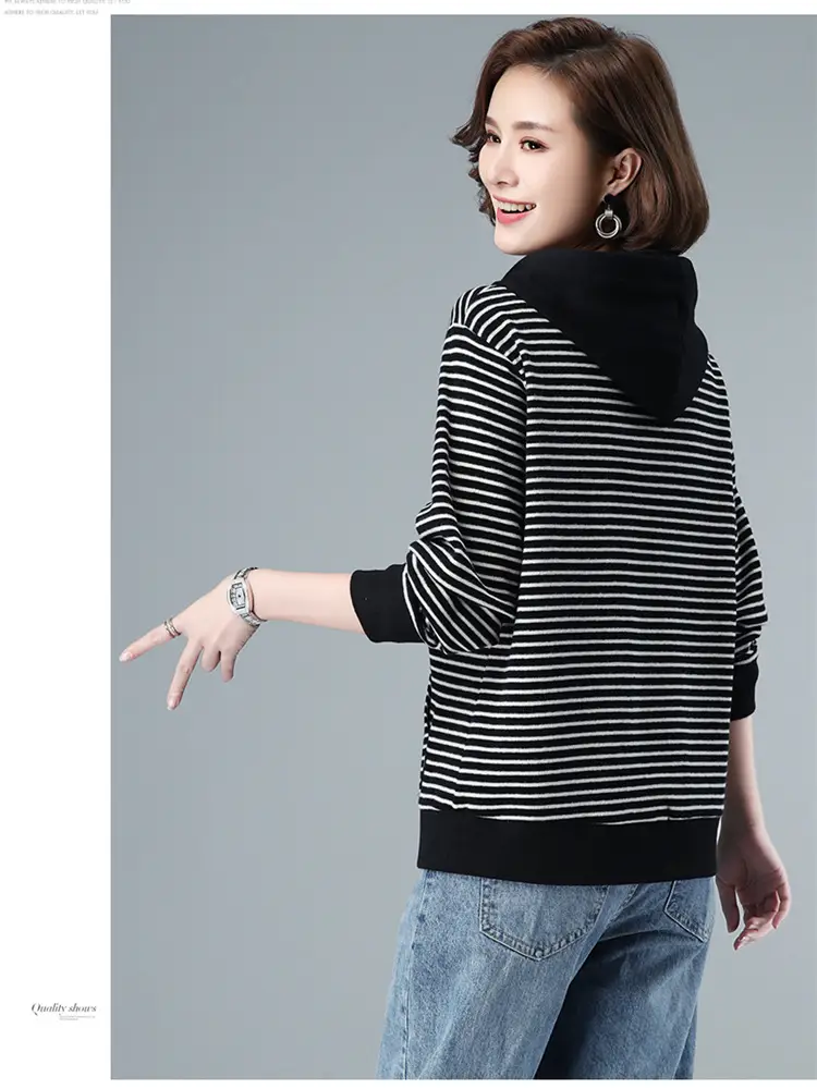 Women Fleece Lined Hooded Sweatshirt Black Striped 100kg — feature 9