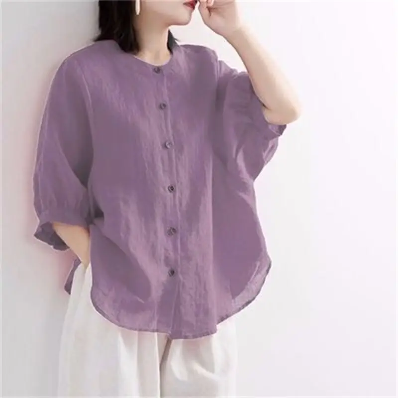Women Cotton Linen Shirts Red Loose Large Mid Sleeve