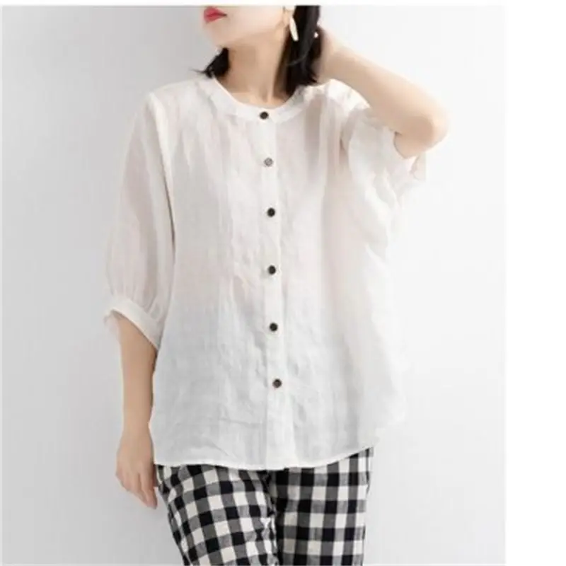 Women Cotton Linen Shirts Red Loose Large Mid Sleeve