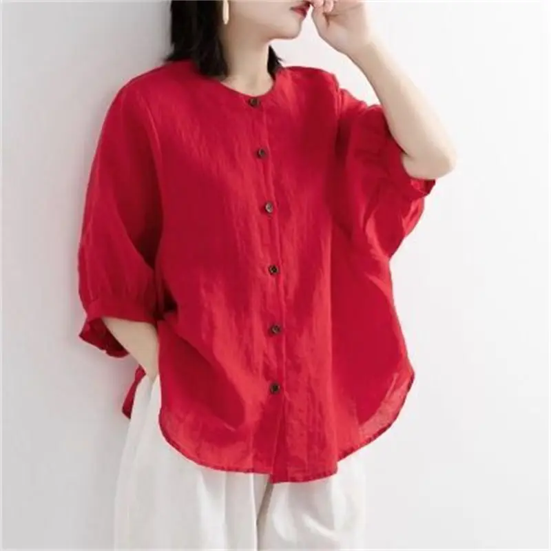 Women Cotton Linen Shirts Red Loose Large Mid Sleeve