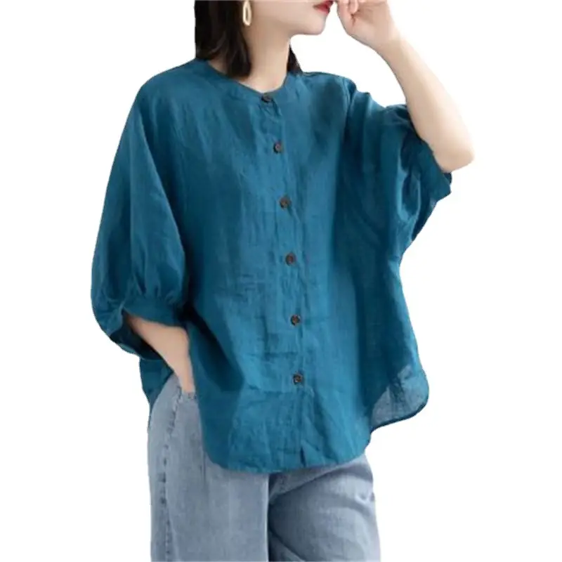 Women Cotton Linen Shirts Red Loose Large Mid Sleeve