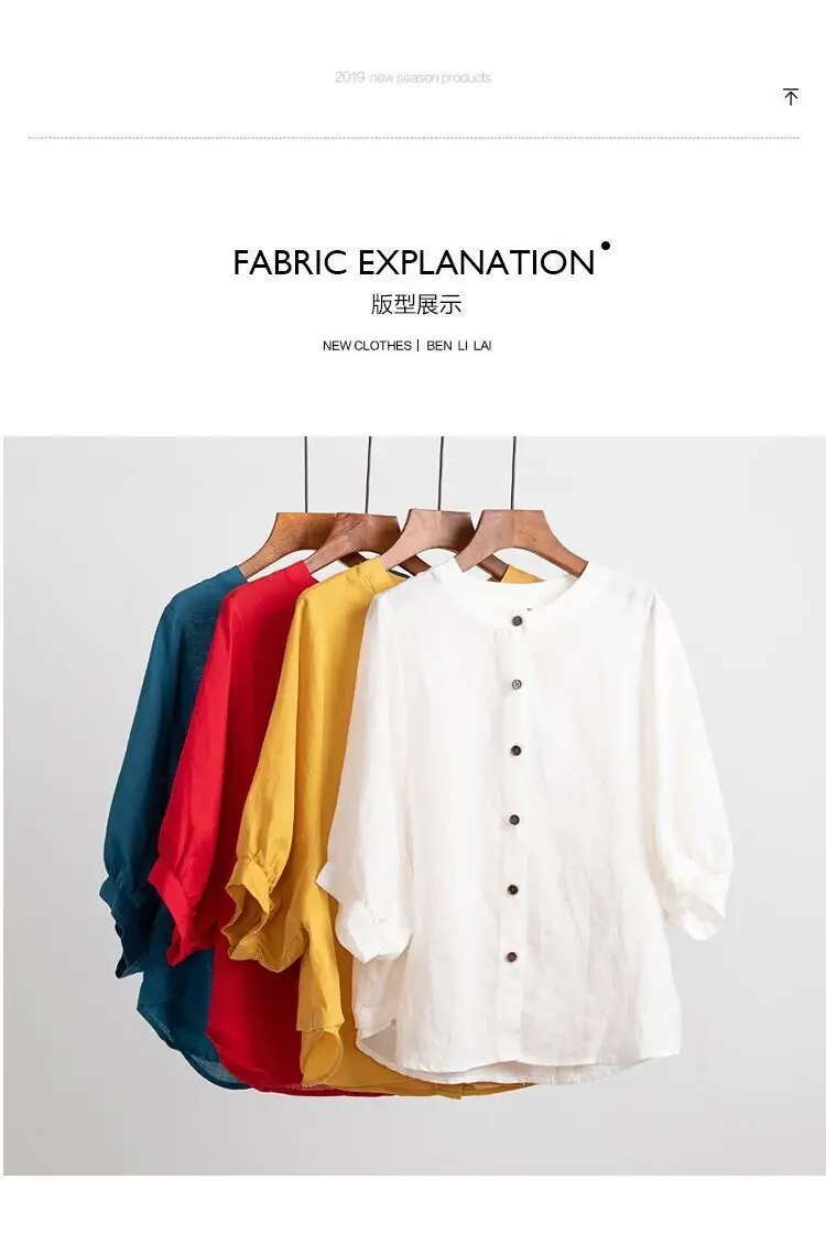 Women Cotton Linen Shirts Red Loose Large Mid Sleeve — feature 3