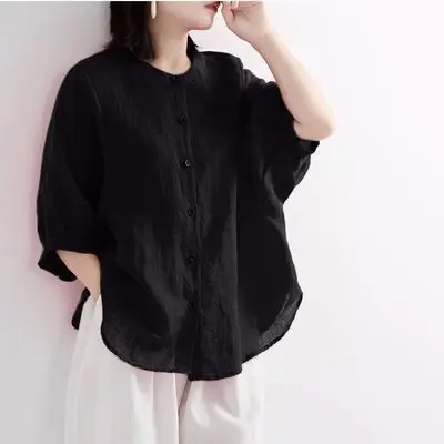 Women Cotton Linen Shirts Red Loose Large Mid Sleeve