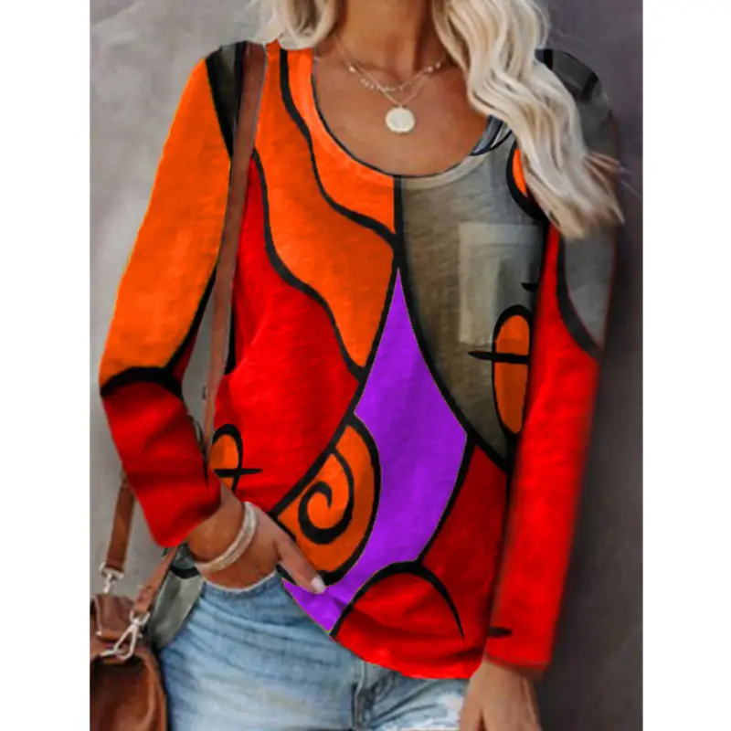 Women Geometric Print Long Sleeve T-Shirt Red Yellow Grey - Image 5