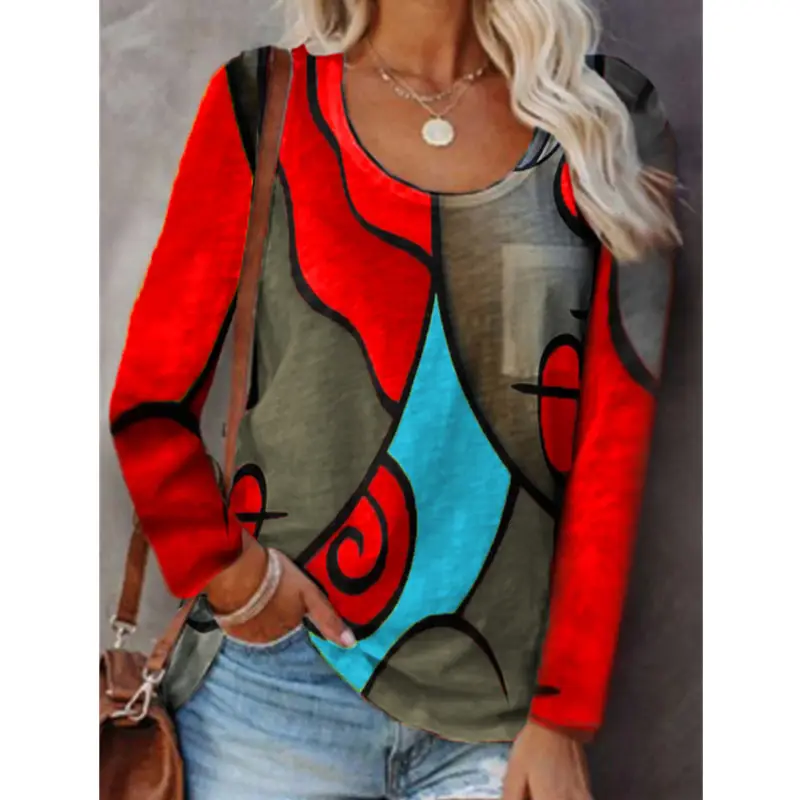 Women Geometric Print Long Sleeve T-Shirt Red Yellow Grey - Image 3