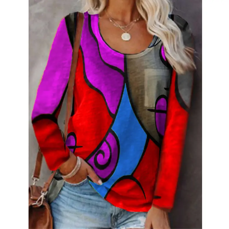 Women Geometric Print Long Sleeve T-Shirt Red Yellow Grey - Image 2