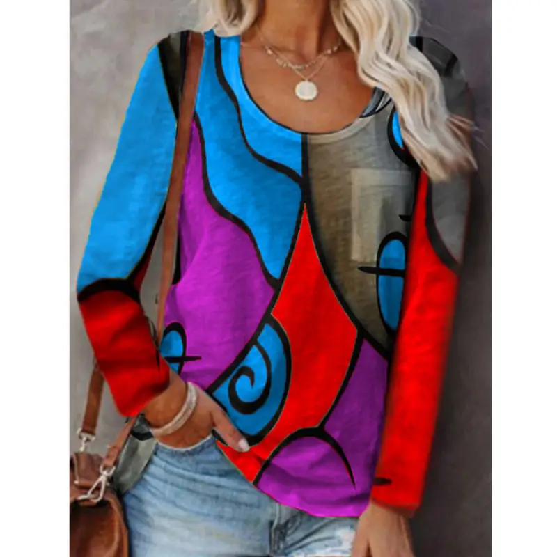 Women Geometric Print Long Sleeve T-Shirt Red Yellow Grey - Image 4