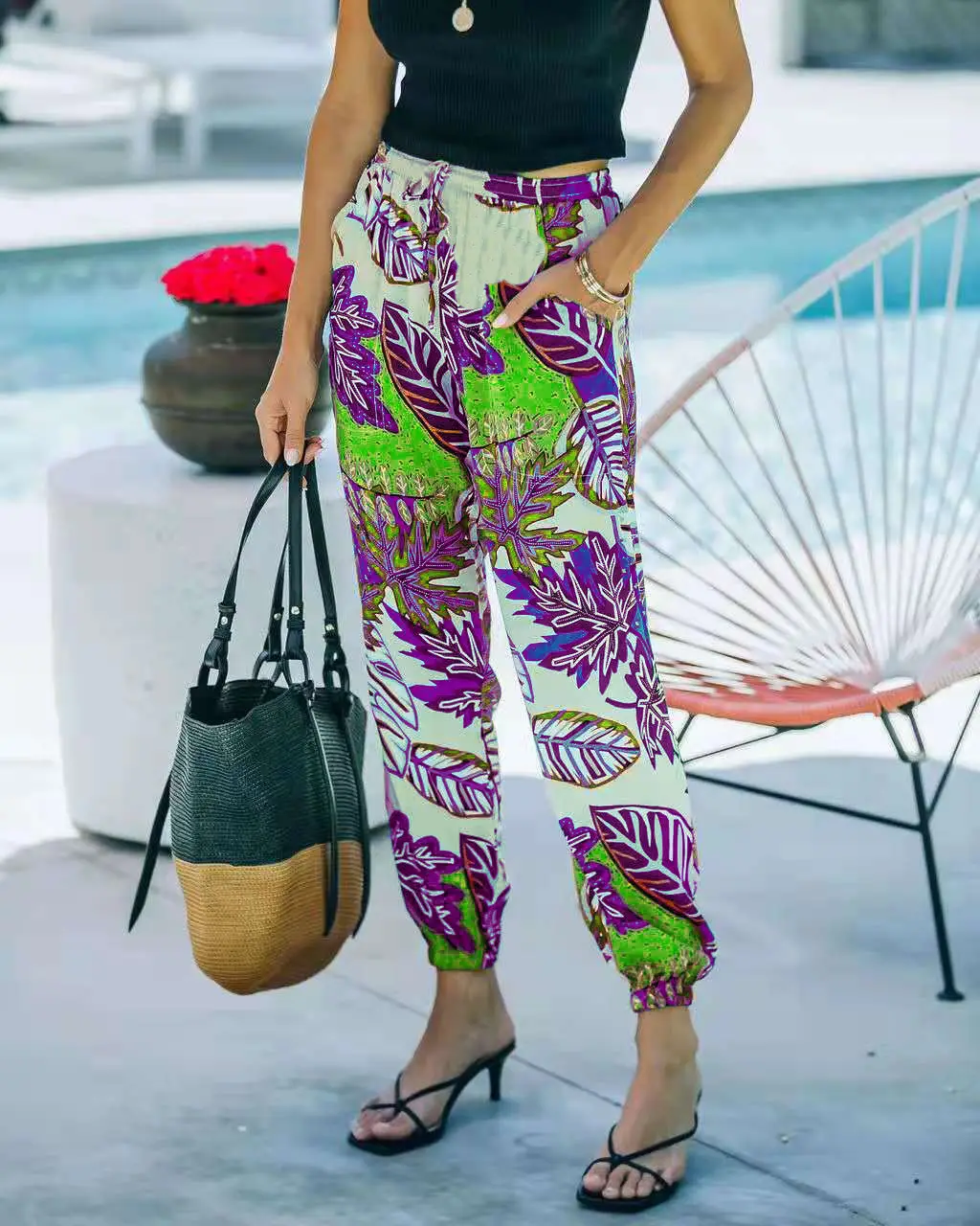 Women's Printed Cropped Pants Orange Blue 2021 - Image 3