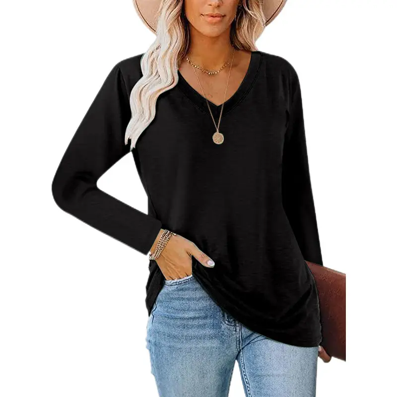 2021 V-Neck Long Sleeve Women's Gray T-Shirt - Image 6