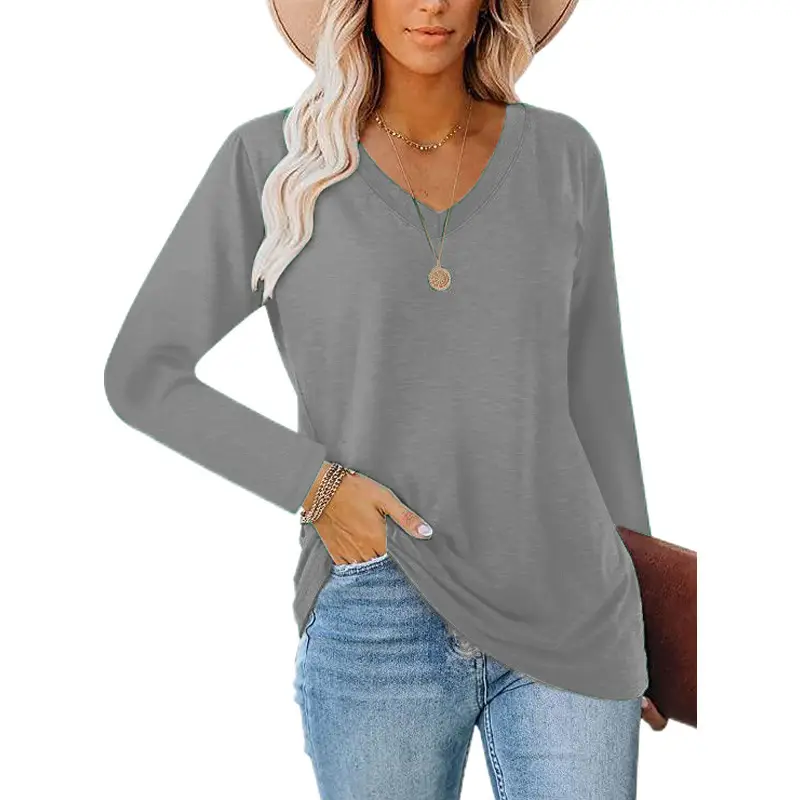 2021 V-Neck Long Sleeve Women's Gray T-Shirt - Image 7