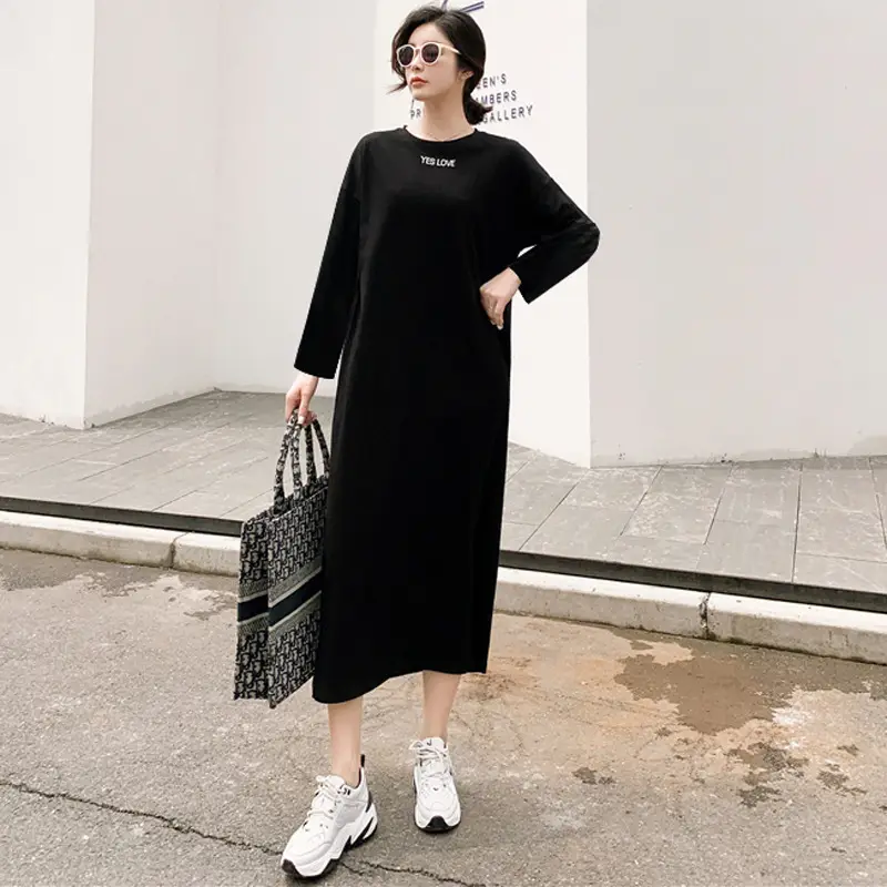 Black Long Sleeve Korean Maxi Dress Large Women