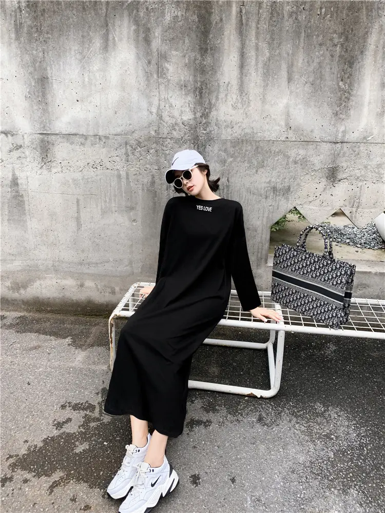 Black Long Sleeve Korean Maxi Dress Large Women — feature 10