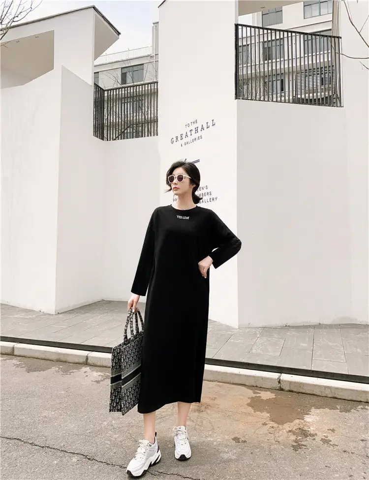Black Long Sleeve Korean Maxi Dress Large Women — feature 8