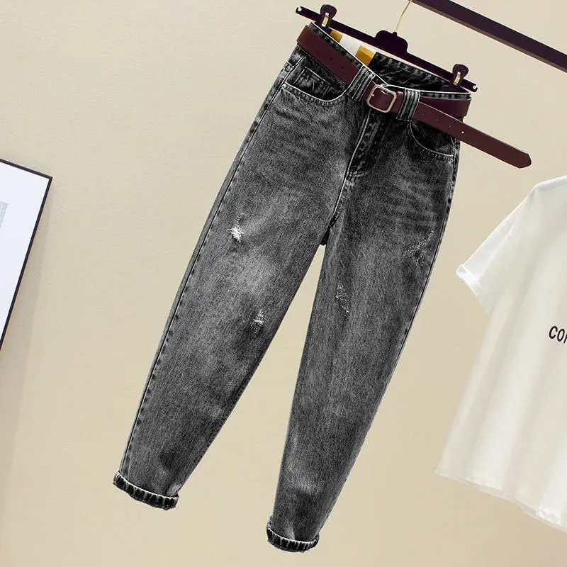 Women Ripped High Waist Jeans 2021 Grey - Image 2