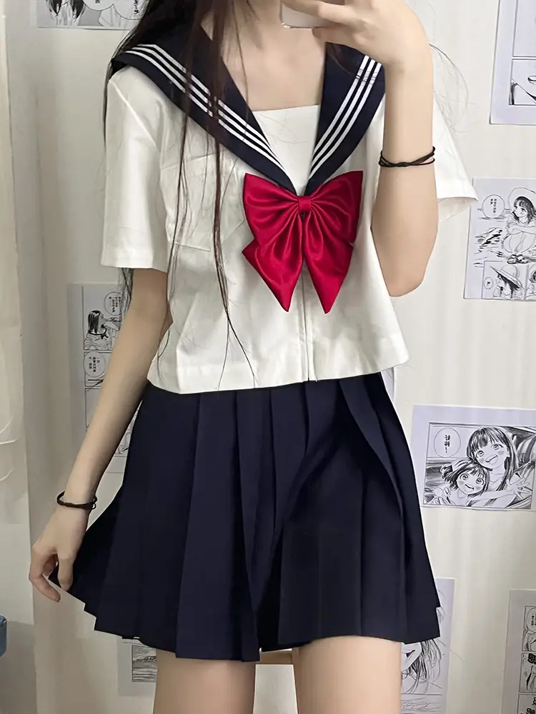 Japanese Style Sailor Suit White Pleated Skirt Summer - Image 11